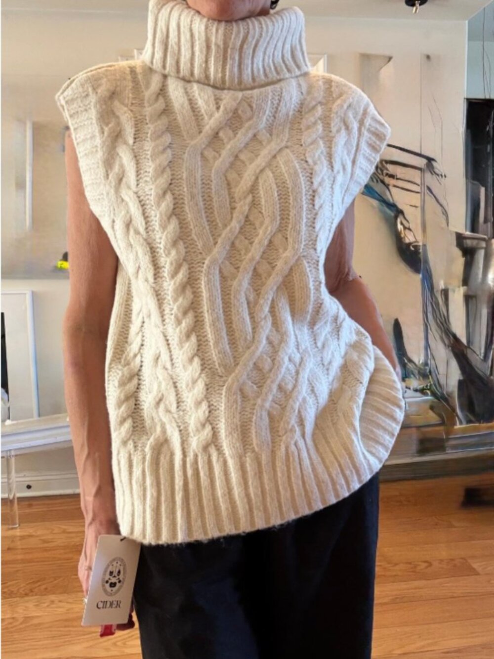 Cider Oversized Turtleneck Sweater Vest, Wool Blend, Cable Knit, Cream, S